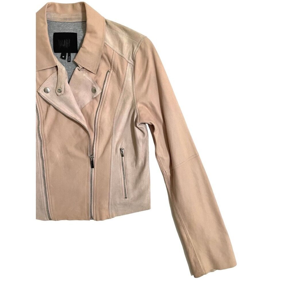 Paige Silvie Leather Moto Jacket Cropped Trim Pink Suede Leather Sz M - Picture 9 of 16